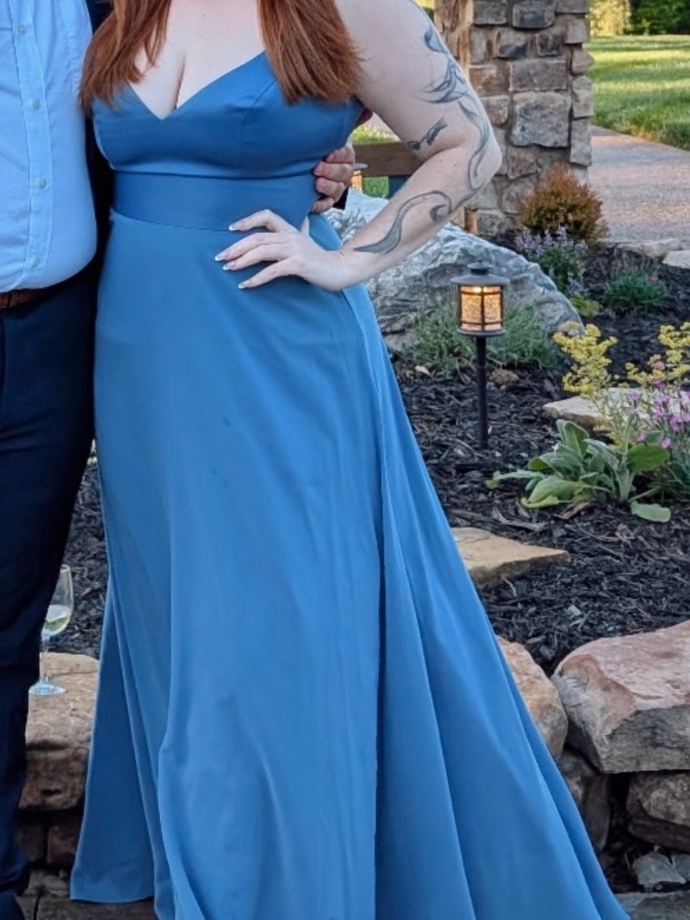 David's Bridal Dusty Blue V-Neck Maxi Dress